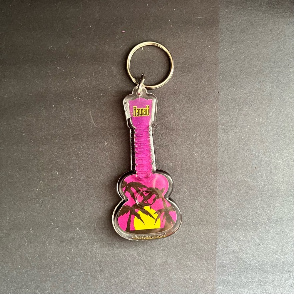 Hawaii Guitar Palm Tree Vintage Keychain Acrylic Travel Souvenir